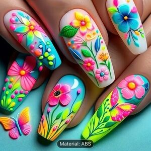 Designer 24Pcs Rainbow Floral & Butterfly Press on Nails- Medium Ballet Shape